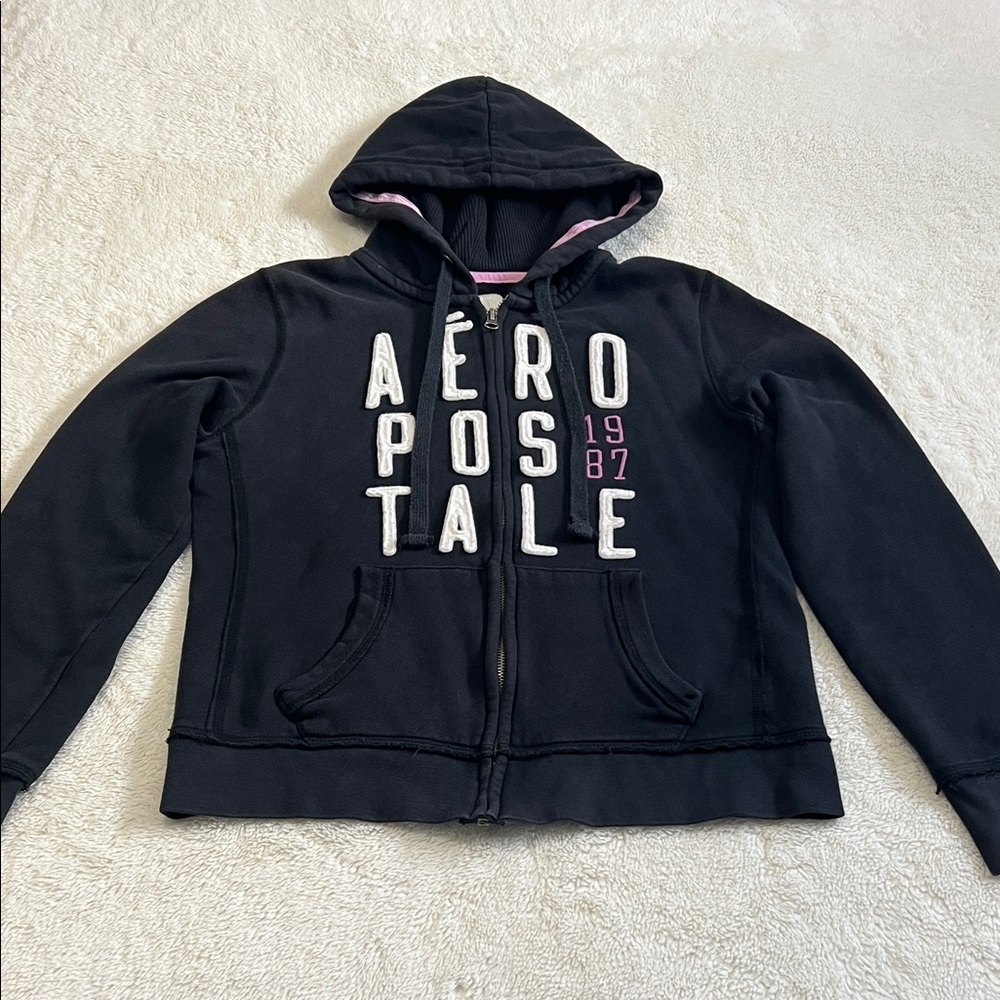Aeropostale Black Hoodie with White & Pink Appliqué